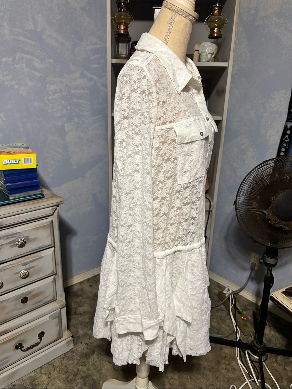 GUESS L White Floral Lace Ruffle Shirt Dress Boho Western Bridal - Picture 9 of 15